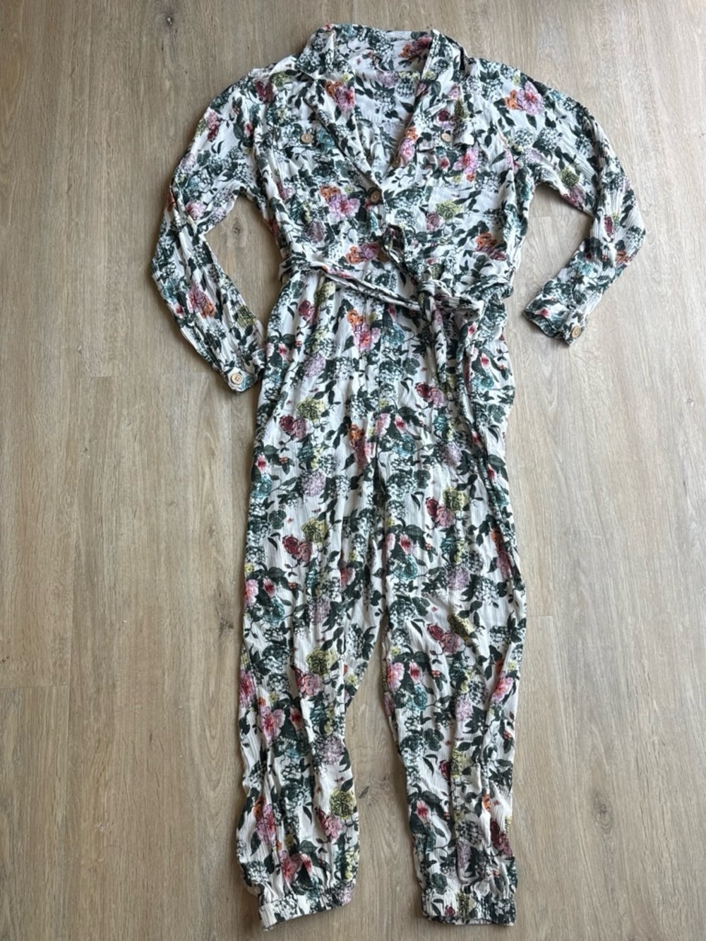 Free People Floral Wrap Jumpsuit - Cream with Green & Pink M